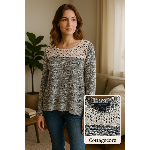 Style & Co. Tops - Style & Co Women's Knit Top XL Black White Crochet Lace Yoke Stud Detail Momcore